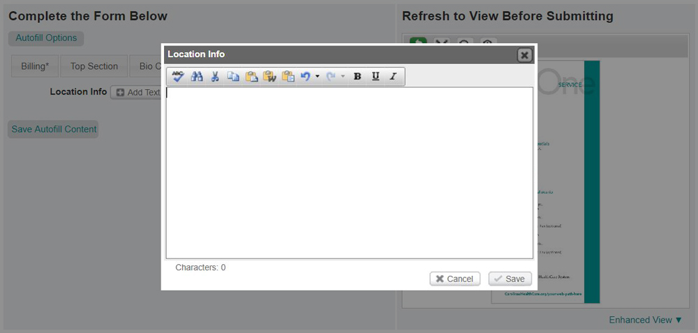 CHS R1 Form - Location Info Modal